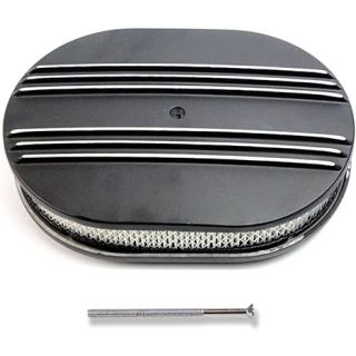 12" Oval Half Finned Black Aluminum Air Cleaner Assembly for 5 1/8" Carburetors Ford Chevy Hot Rod Rat Rod Muscle Car