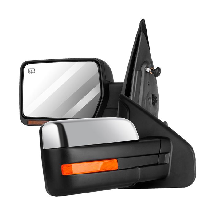 Towing Mirror Chrome Pair for 2004-2014 Ford F150 Power Heated Turn Signal Reflective Stripe 