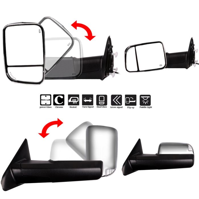 Tow Mirrors Chrome Pair for 2009-2018 Dodge Ram 1500 2500 3500 Power Heated Turn Signal Arrow Puddle Light 