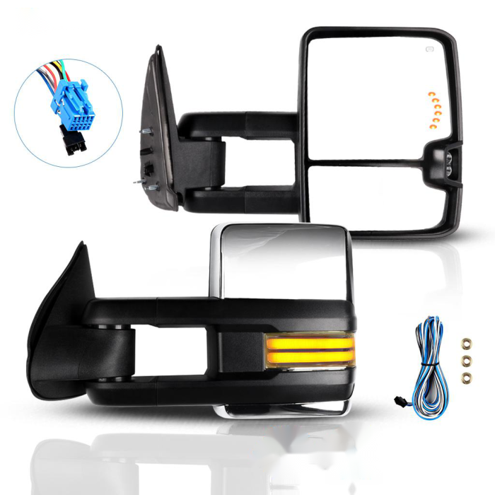 Tow Mirrors Chrome Pair for 2003-2007 GMC Sierra Chevy Silverado 1500 2500 HD Classic Power Heated Dynamic Running Light Arrow Signal 